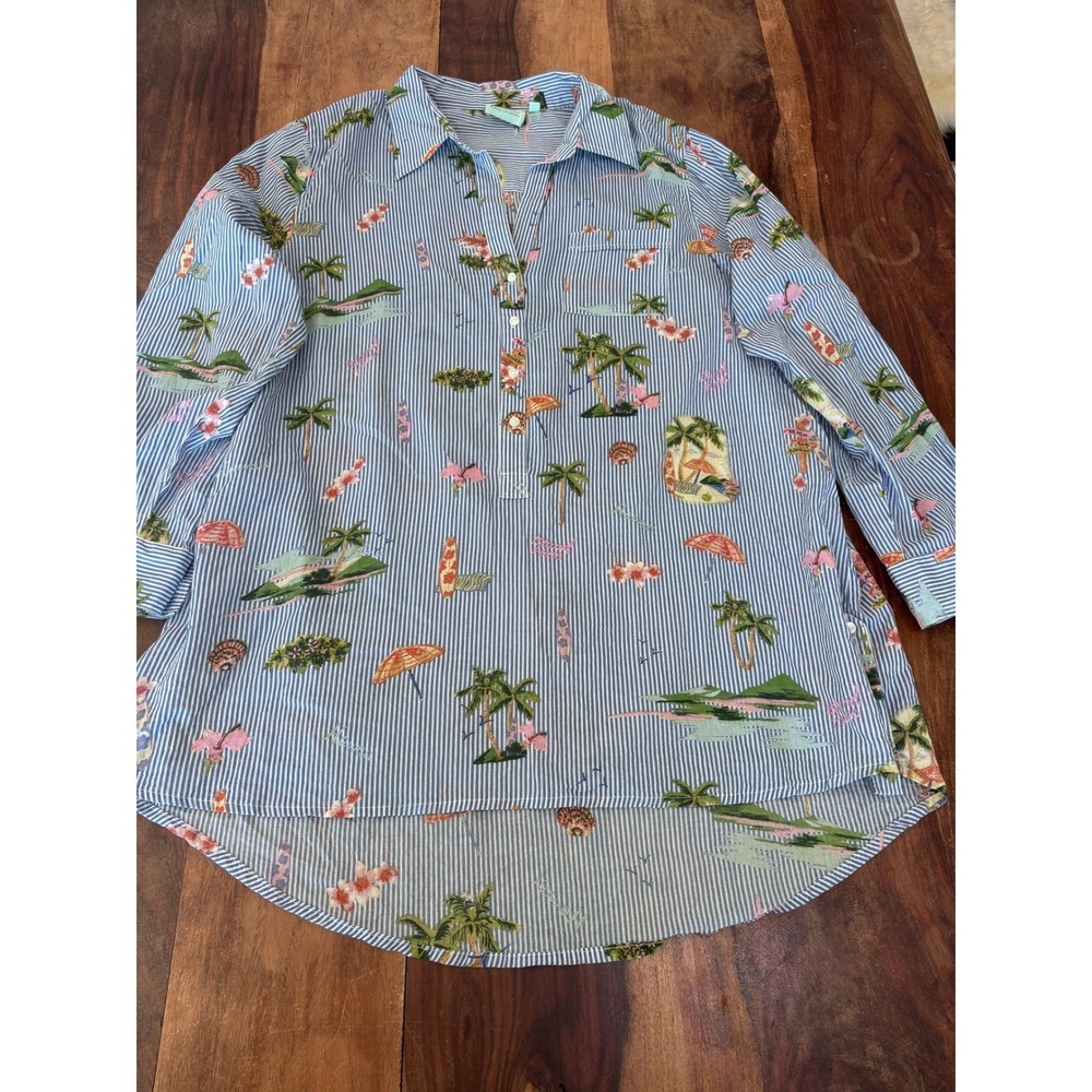 True Destinations tunic women XL blue striped tropical roll-tab sleeve shirt